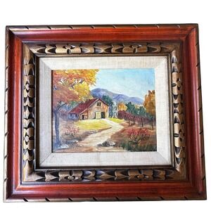 VTG  BL Jordan Oil Painting 18x16 Inch Fall Autumn Trees Landscape Barn Framed
